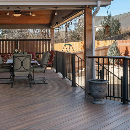 Decking & RailingAn outdoor deck with metal railing